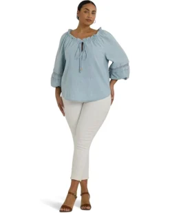 Lauren Ralph Lauren Plus-Size Lace-Trim Chambray Tie-Neck Blouse | Shirts & Tops -Lauren Ralph Store 61WB89PDmHL. AC SR736920