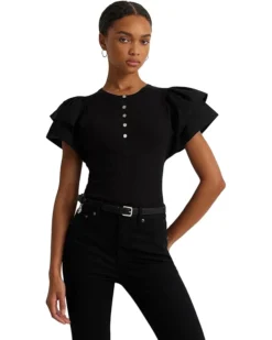 Lauren Ralph Lauren Stretch Cotton Flutter-Sleeve Henley Top | Shirts & Tops