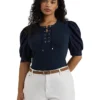 Lauren Ralph Lauren Plus Size Lace-Up Stretch Cotton Puff-Sleeve Top | Shirts & Tops