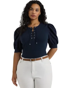 Lauren Ralph Lauren Plus Size Lace-Up Stretch Cotton Puff-Sleeve Top | Shirts & Tops