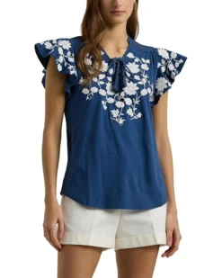 Lauren Ralph Lauren Floral-Embroidered Jersey Tie-Neck Top | Shirts & Tops