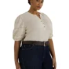 Lauren Ralph Lauren Plus-Size Lace-Trim Jersey Puff-Sleeve Henley Tee | Shirts & Tops