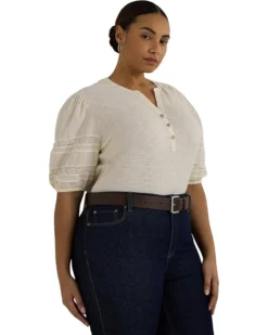 Lauren Ralph Lauren Plus-Size Lace-Trim Jersey Puff-Sleeve Henley Tee | Shirts & Tops