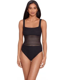 Lauren Ralph Lauren Ottoman Mesh Square Neck Over the Shoulder One Piece | Swimwear