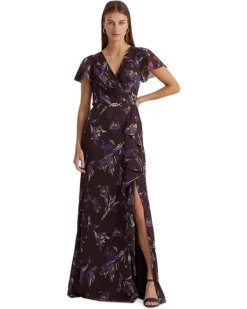 Lauren Ralph Lauren Floral Belted Georgette Flutter-Sleeve Gown | Dresses