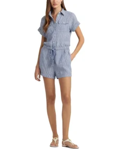 Lauren Ralph Lauren Pinstripe Linen Shorts-Sleeve Romper