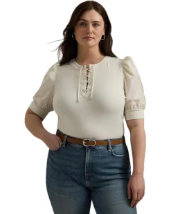 Lauren Ralph Lauren Plus Size Lace-Up Stretch Cotton Puff-Sleeve Top | Shirts & Tops -Lauren Ralph Store 817j8jTnraL. AC SR736920