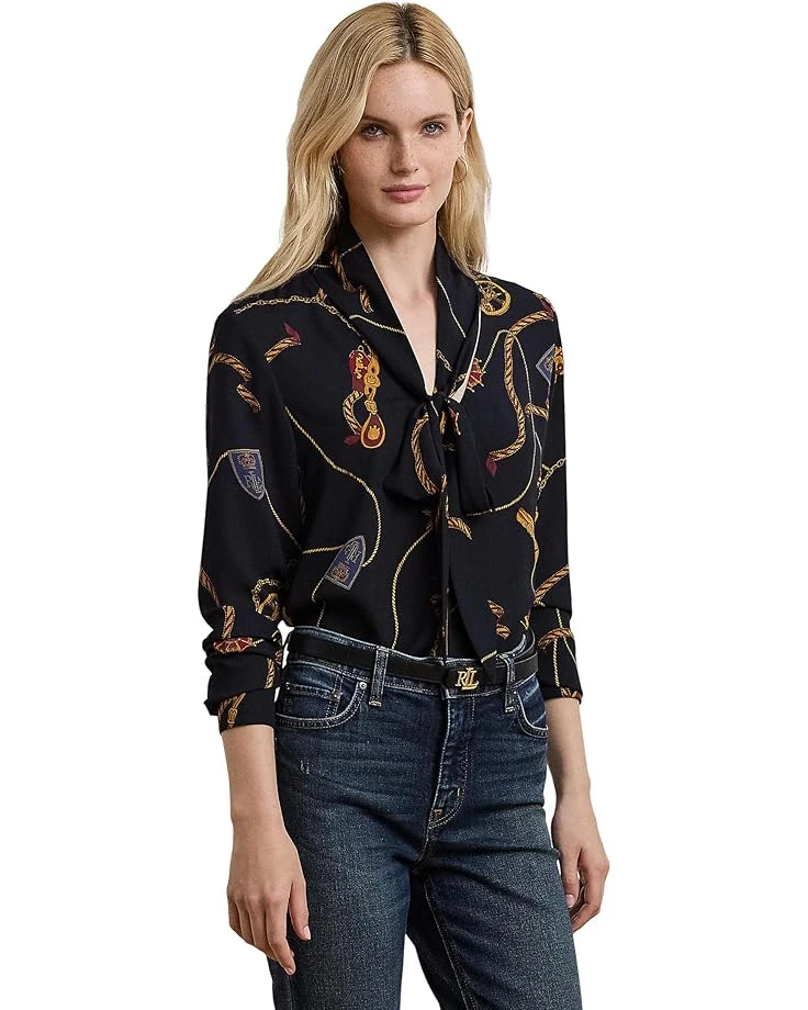 Lauren Ralph Lauren Belting-Print Georgette Tie-Neck Blouse | Shirts & Tops 1 Lauren Ralph Lauren Belting-Print Georgette Tie-Neck Blouse | Shirts & Tops