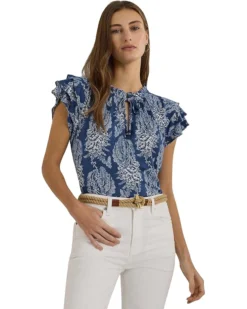 Lauren Ralph Lauren Floral Linen-Blend Jersey Tie-Neck Top | Shirts & Tops