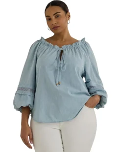 Lauren Ralph Lauren Plus-Size Lace-Trim Chambray Tie-Neck Blouse | Shirts & Tops